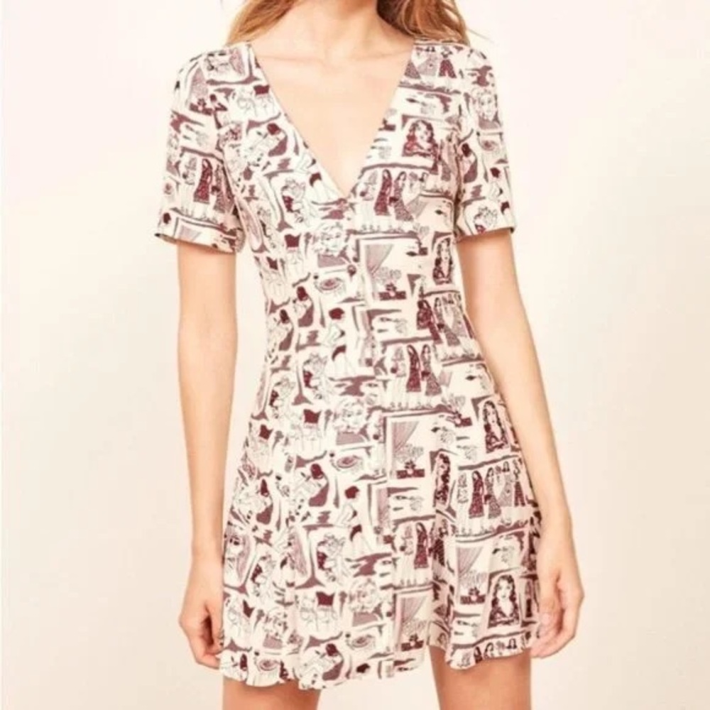 Reformation Cream and Brown Graphic Mini Dress